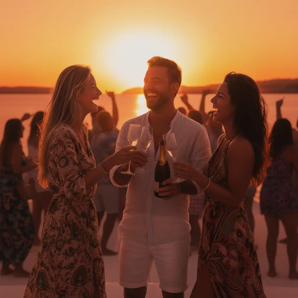 Happy party people celebrating with champagne and drinks at Oceanbeat Ibiza sunset boat party