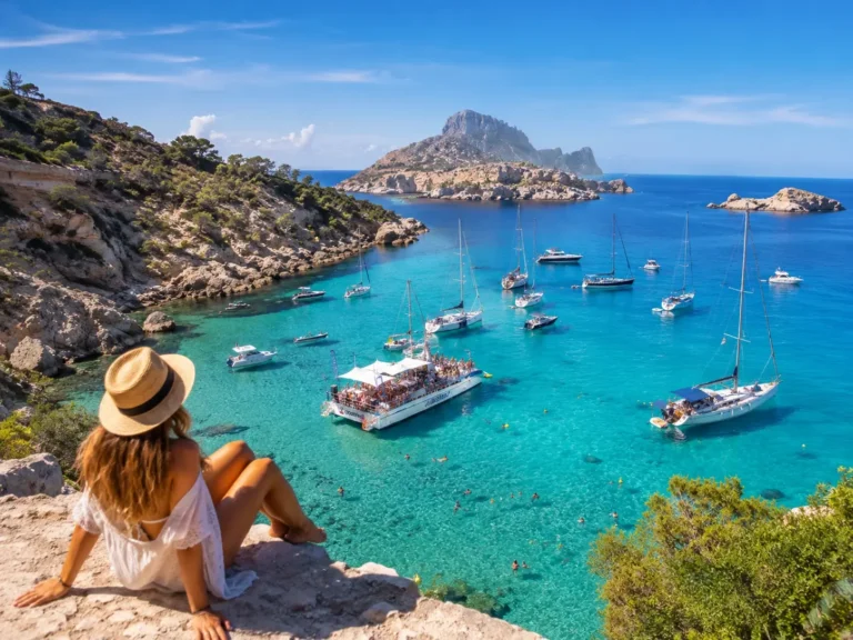 Boats anchored in a bay with blue water